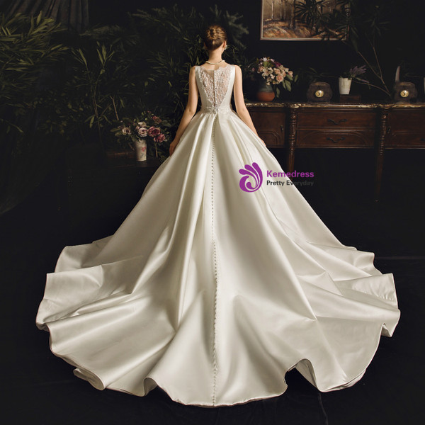 New arrivals White Satin Appliques Bateau With Beading Wedding Dress