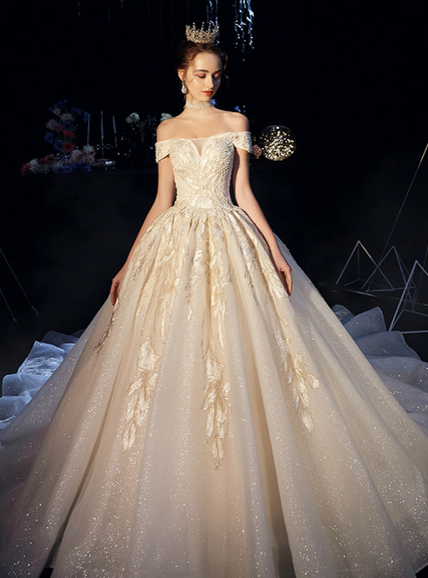 Champagne Tulle Embroidery Appliques Off the Shoulder Wedding Dress With Train