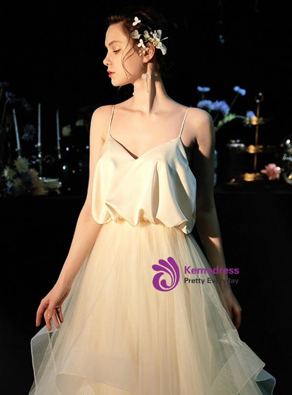 Attractive Simple Champagne Tulle Spaghetti Straps Backless Wedding Dress