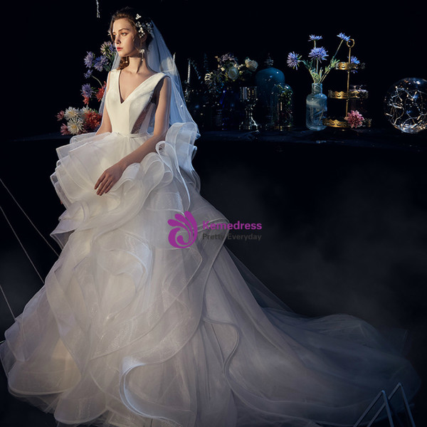 White Ball Gown Tulle Satin V-neck Backless Beading Wedding Dress With Train