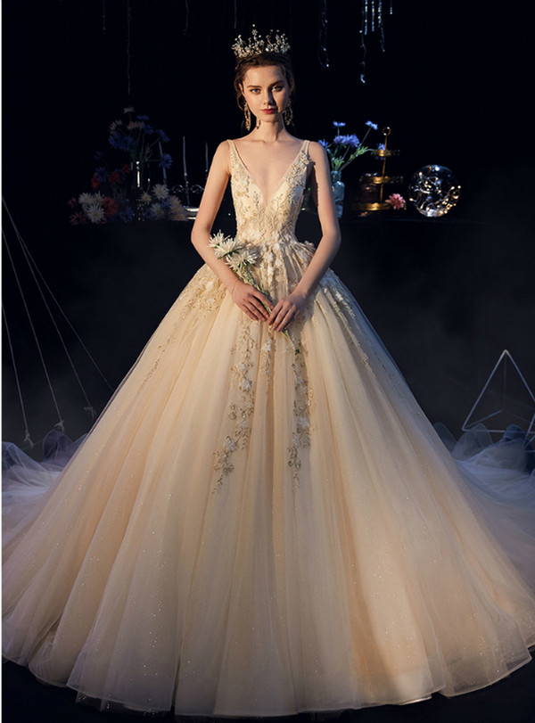 Champagne Ball Gown Tulle Flower Beading V-neck Backless Wedding Dress