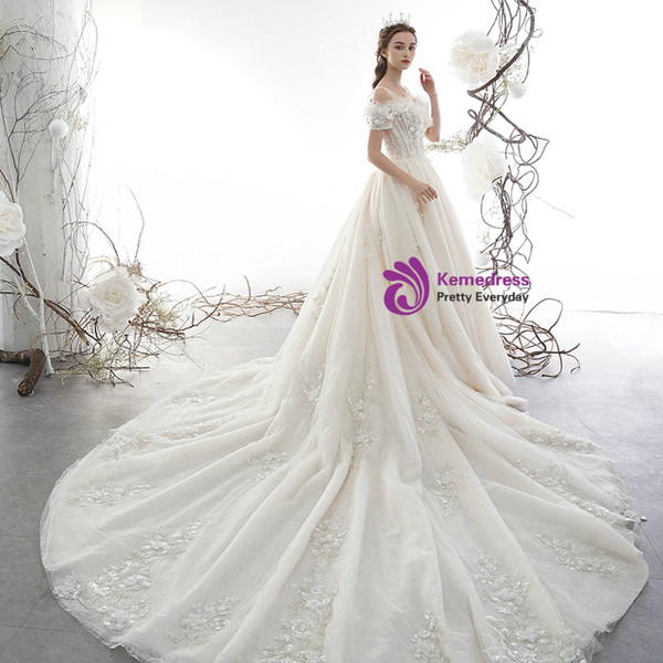 Impressive Light Champagne Ball Gown Tulle Off the Shoulder Appliques Wedding Dress