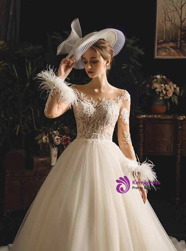 Champagne Ball Gown Tulle Appliques Long Sleeve With Feather Wedding Dress