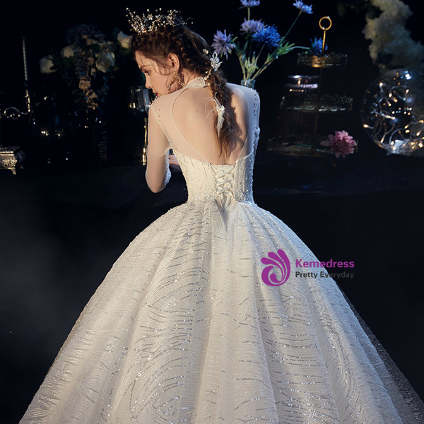 Champagne Ball Gown Tulle Sequins High Neck Long Sleeve Wedding Dress