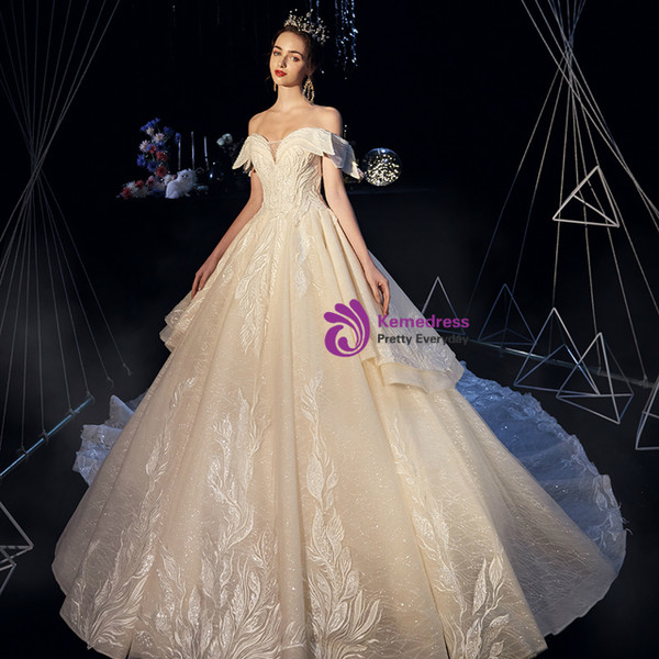 Wonderful Champagne Tulle Lace Appliques Off the Shoulder Beading Wedding Dress With Long Train