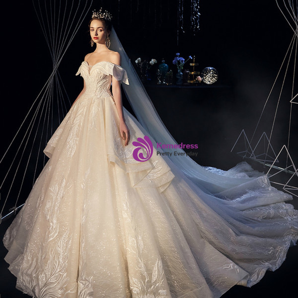 Wonderful Champagne Tulle Lace Appliques Off the Shoulder Beading Wedding Dress With Long Train