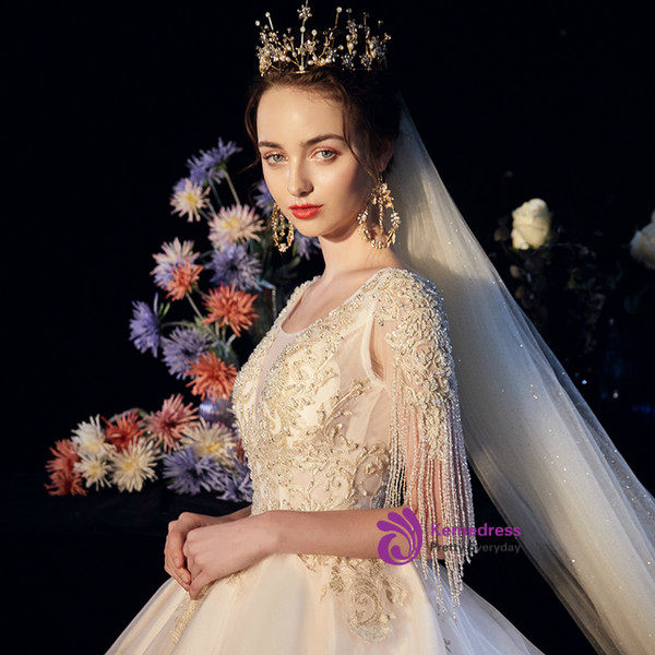 Romantic Champagne Tulle Lace Appliques Short Sleeve Beading Wedding Dress