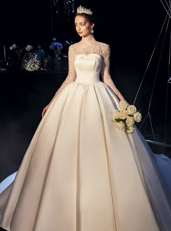 Beige White Ball Gown Satin Long Sleeve Backless Wedding Dress