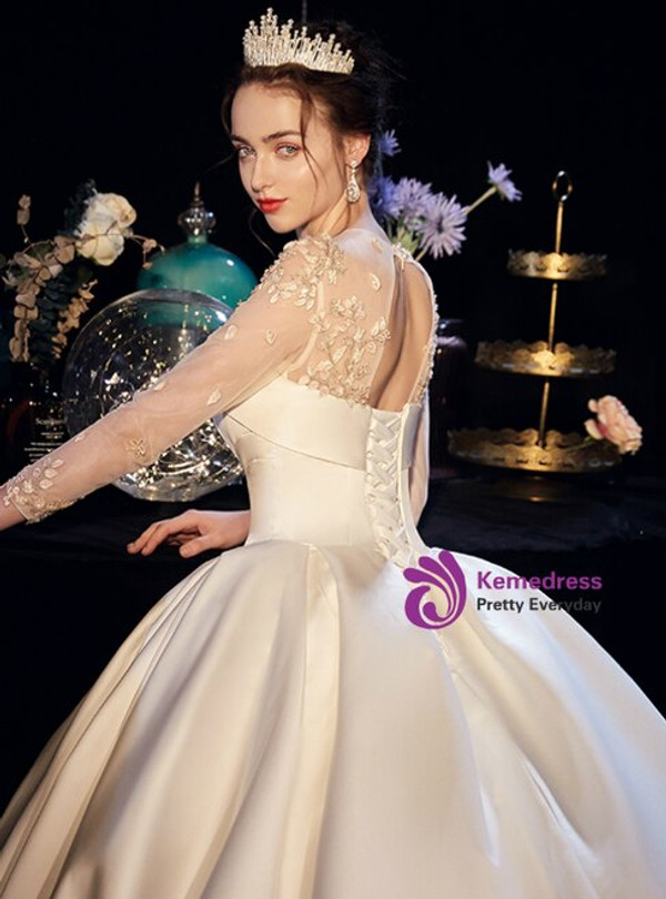 Beige White Ball Gown Satin Long Sleeve Backless Wedding Dress