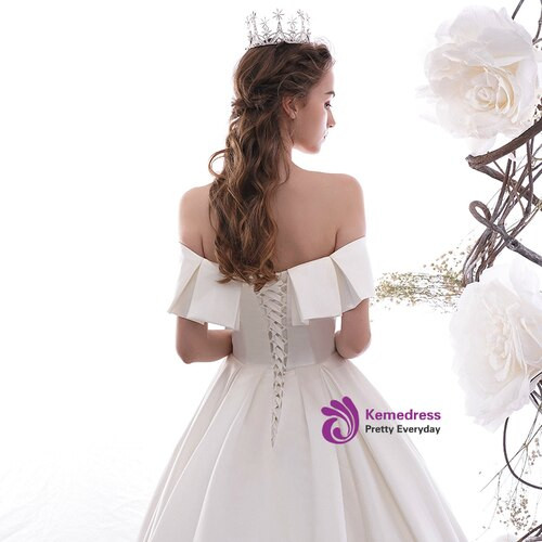 Cheap White Ball Gown Satin Off the Shoulder Wedding Dress With Train