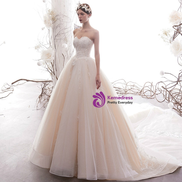 Gorgeous Champagne Tulle Sequins Sweetheart Puff Sleeve Wedding Dress
