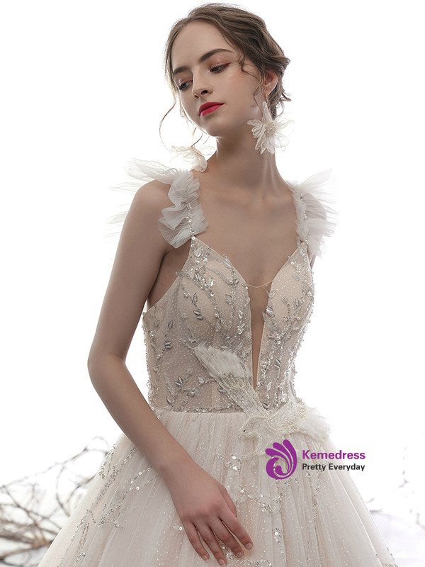 Pretty Champagne Tulle Sequins V-neck Backless Wedding Dress With Train