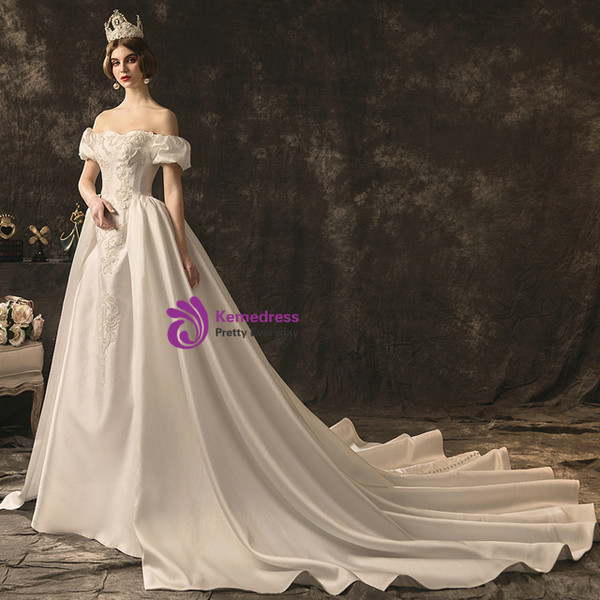 Elegant A-Line White Off the Shoulder Appliques Wedding Dress With Train