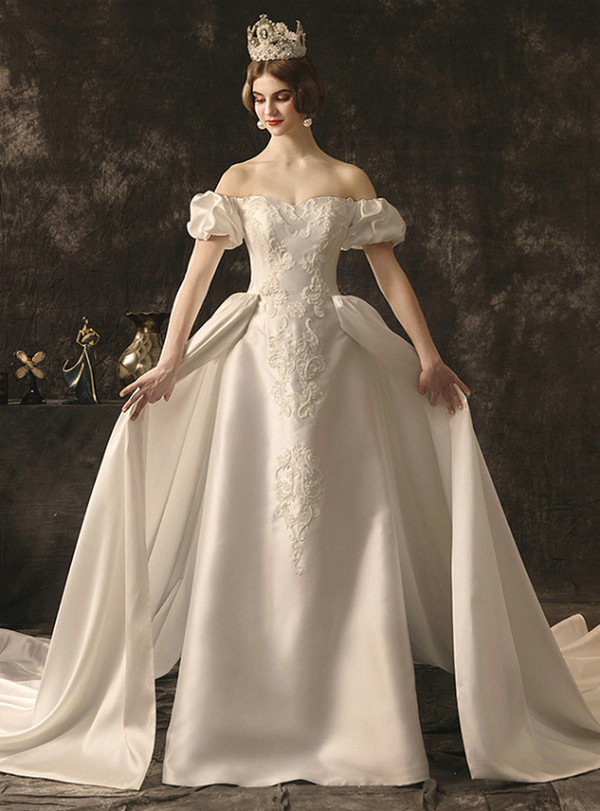 Elegant A-Line White Off the Shoulder Appliques Wedding Dress With Train
