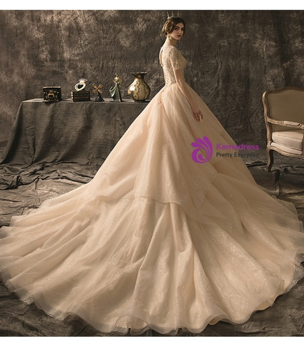 Princess Champagne Ball Gown V-neck Short Sleeve Tulle Sequins Wedding Dress With Beading