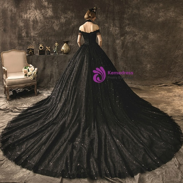 Vintage Black Ball Gown Lace Sequins Off the Shoulder Wedding Dress With Beading