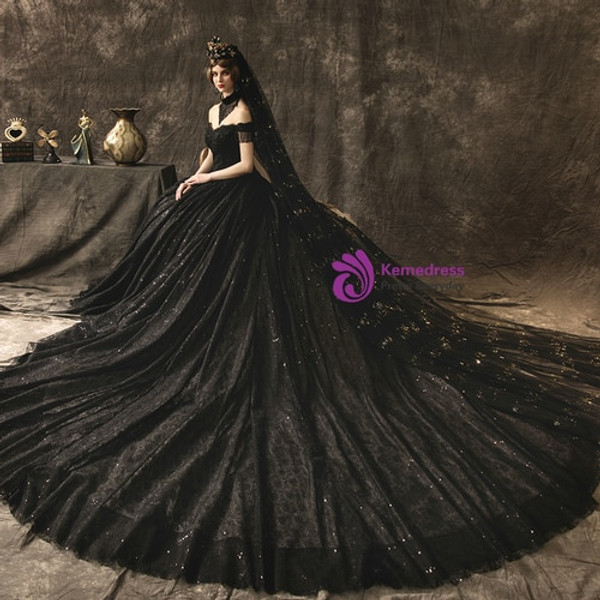 Vintage Black Ball Gown Lace Sequins Off the Shoulder Wedding Dress With Beading