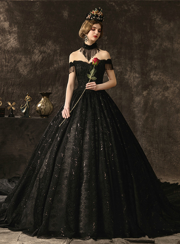 Vintage Black Ball Gown Lace Sequins Off the Shoulder Wedding Dress With Beading