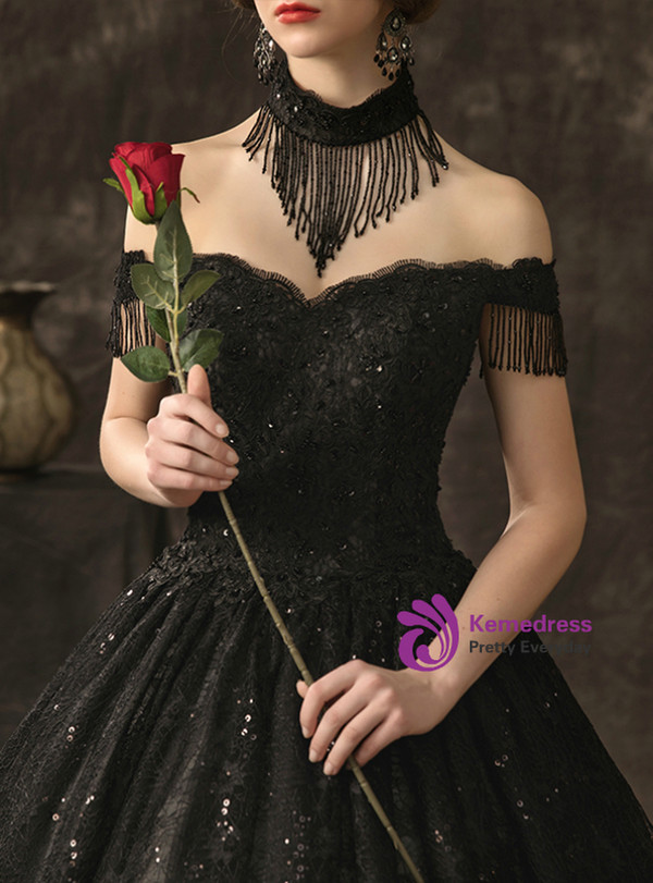 Vintage Black Ball Gown Lace Sequins Off the Shoulder Wedding Dress With Beading