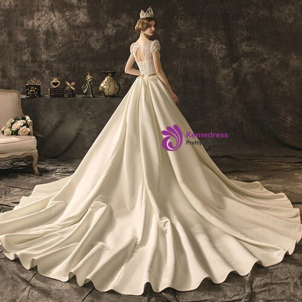 Fashionable Ivory White Ball Gown Satin Lace V-neck Cap Sleeve Wedding Dress