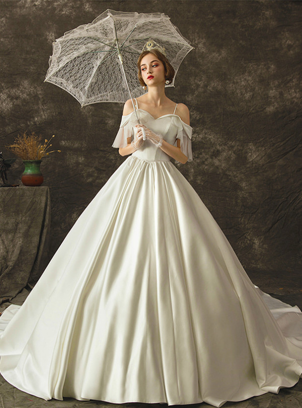 Romantic White Straps Satin Sleeveless Backless Wedding Dress With Train