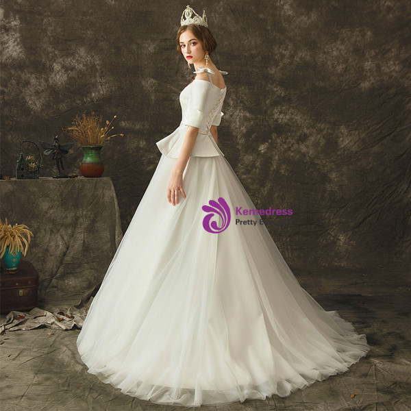 Brilliant A-Line White Satin Tulle Straps Short Sleeve Floor Length Wedding Dress