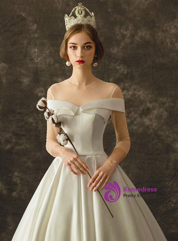 Attractive White Satin 3/4 Sleeve Backless Wedding Dress With Train