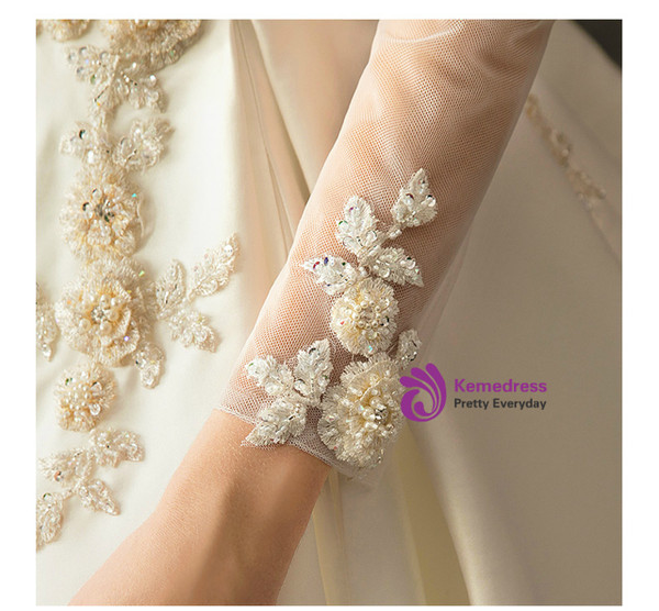 Fashionable White Satin Long Sleeve Long Sleeve Wedding Dress With Beading With Train