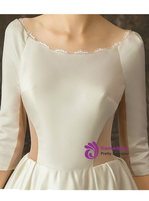 Fancy White Satin Half Sleeve Hollow Out Wedding Dress With Train