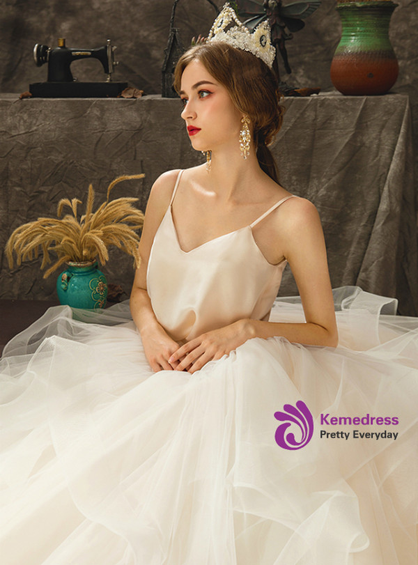Fabulous Champagne Tulle Satin Spaghetti Straps Floor Length Wedding Dress