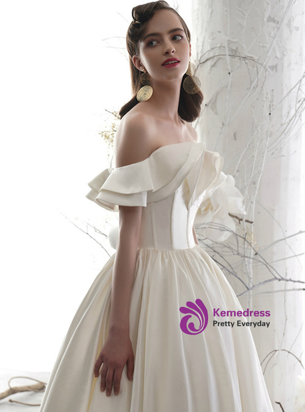 Simple Ivory White Satin Off the Shoulder Corset Floor Length Wedding Dress