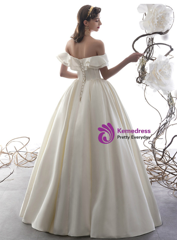 Simple Ivory White Satin Off the Shoulder Corset Floor Length Wedding Dres