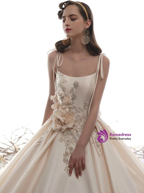 Champagne Ball Gown Satin Spaghetti Straps Beading Flower Wedding Dress With Long Train