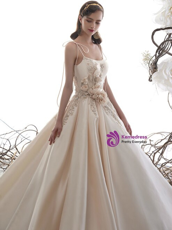 Champagne Ball Gown Satin Spaghetti Straps Beading Flower Wedding Dress With Long Train