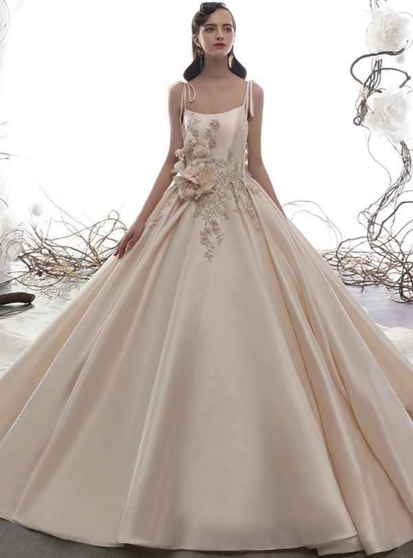 Champagne Ball Gown Satin Spaghetti Straps Beading Flower Wedding Dress With Long Train