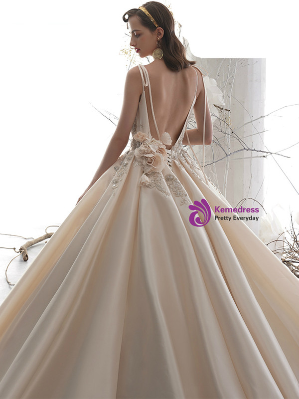 Champagne Ball Gown Satin Spaghetti Straps Beading Flower Wedding Dress With Long Train