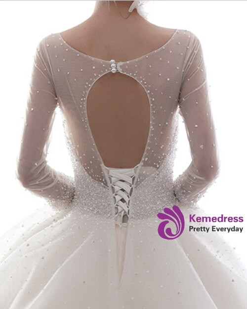 Champagne Ball Gown Long Sleeve Tulle Beading Sequins Backless Wedding Dress