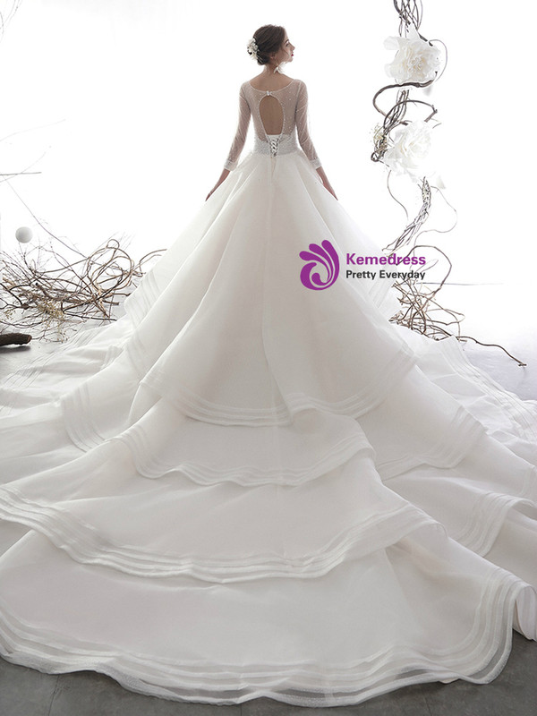 Champagne Ball Gown Long Sleeve Tulle Beading Sequins Backless Wedding Dress