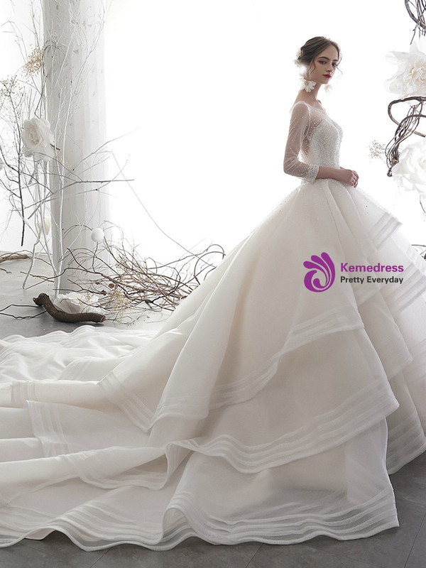 Champagne Ball Gown Long Sleeve Tulle Beading Sequins Backless Wedding Dress