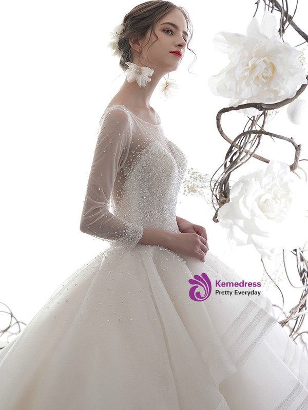 Champagne Ball Gown Long Sleeve Tulle Beading Sequins Backless Wedding Dress