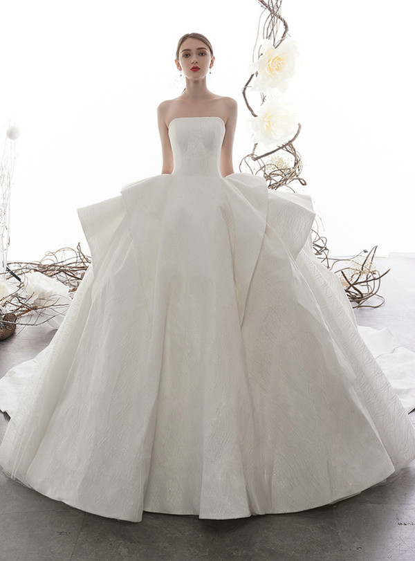 Adorable White Ball Gown Tulle Sequins Strapless Wedding Dress With Train