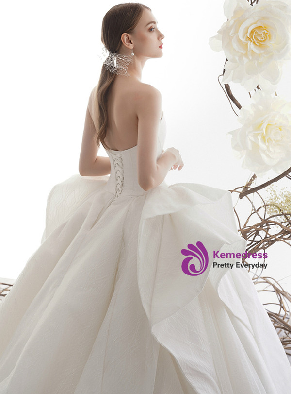 Adorable White Ball Gown Tulle Sequins Strapless Wedding Dress With Train