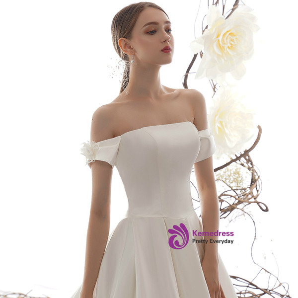 Simple White Ball Gown Satin Off the Shoulder Long Wedding Dress