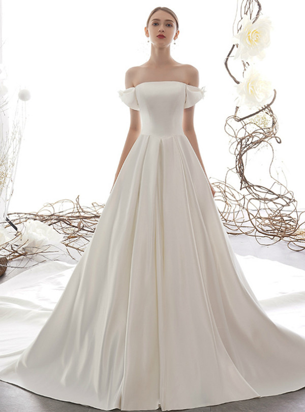 Simple White Ball Gown Satin Off the Shoulder Long Wedding Dress