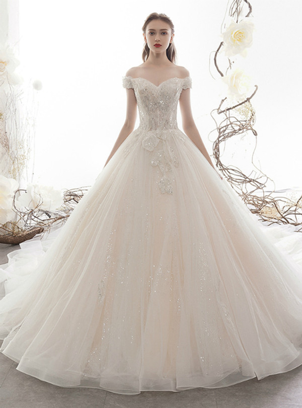 Light Champagne Ball Gown Tulle Sequins Off the Shoulder Wedding Dress
