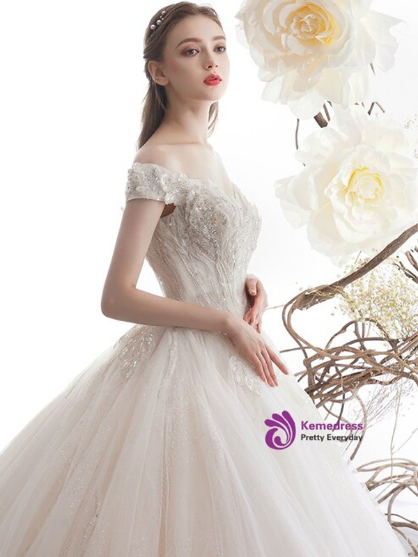 Light Champagne Ball Gown Tulle Sequins Off the Shoulder Wedding Dress