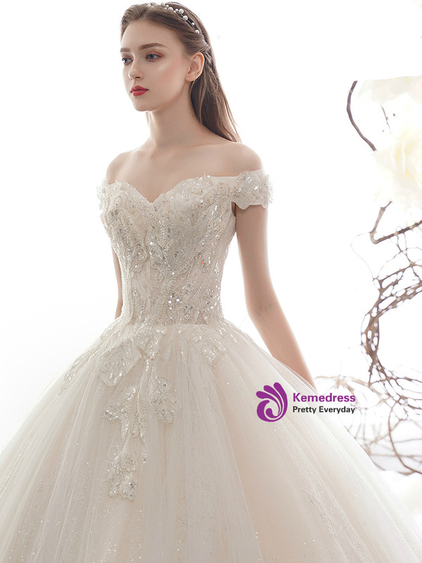 Light Champagne Ball Gown Tulle Sequins Off the Shoulder Wedding Dress