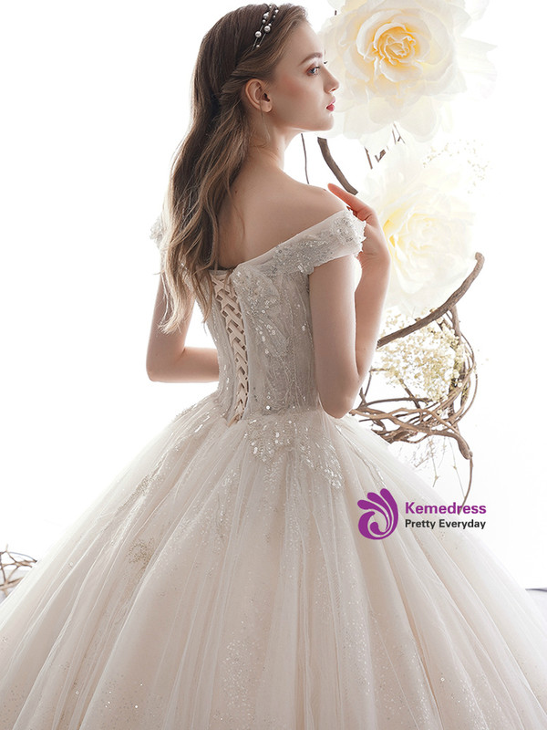 Light Champagne Ball Gown Tulle Sequins Off the Shoulder Wedding Dress