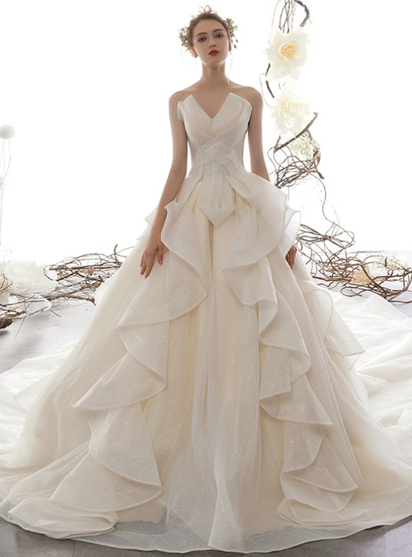 Champagne Ball Gown Tulle Sequins Strapless Wedding Dress With Train