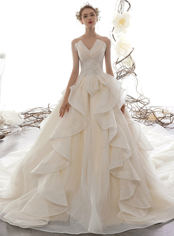 Princess Champagne Ball Gown Tulle Sequins Strapless Wedding Dress With Train